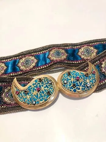 1970s YVES SAINT LAURENT "MOROCCAN COLLECTION" PAISLEY STONE METAL BUCKLE BELT