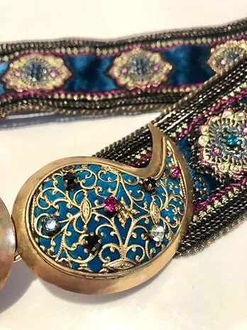 1970s YVES SAINT LAURENT "MOROCCAN COLLECTION" PAISLEY STONE METAL BUCKLE BELT