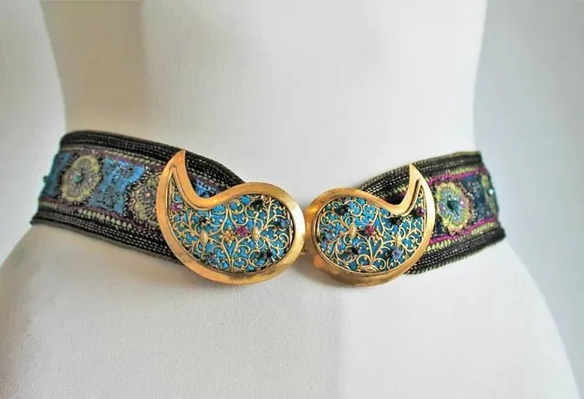 1970s YVES SAINT LAURENT "MOROCCAN COLLECTION" PAISLEY STONE METAL BUCKLE BELT