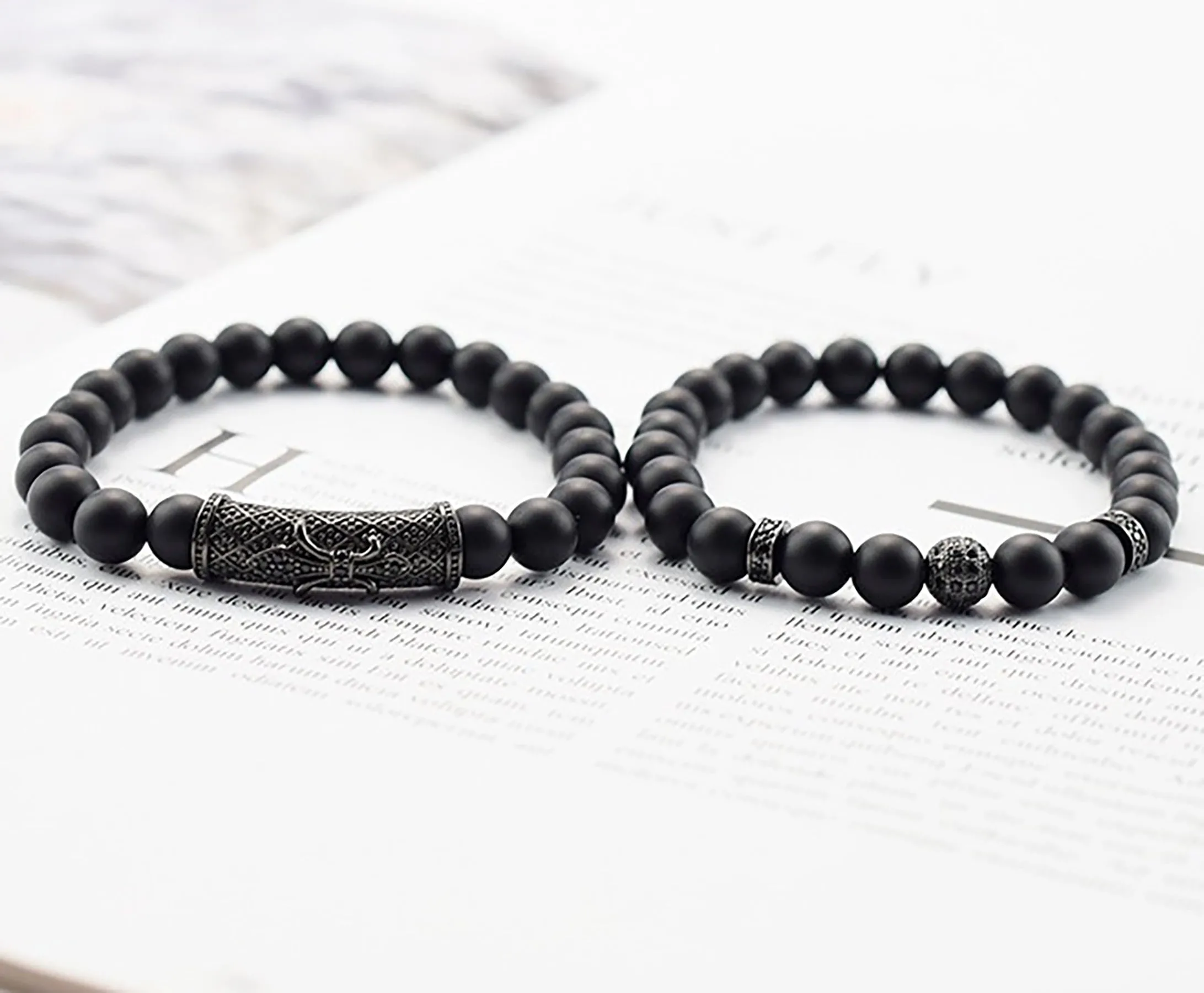 2 Piece 8mm Black Matte Beaded Stone Bracelet Set