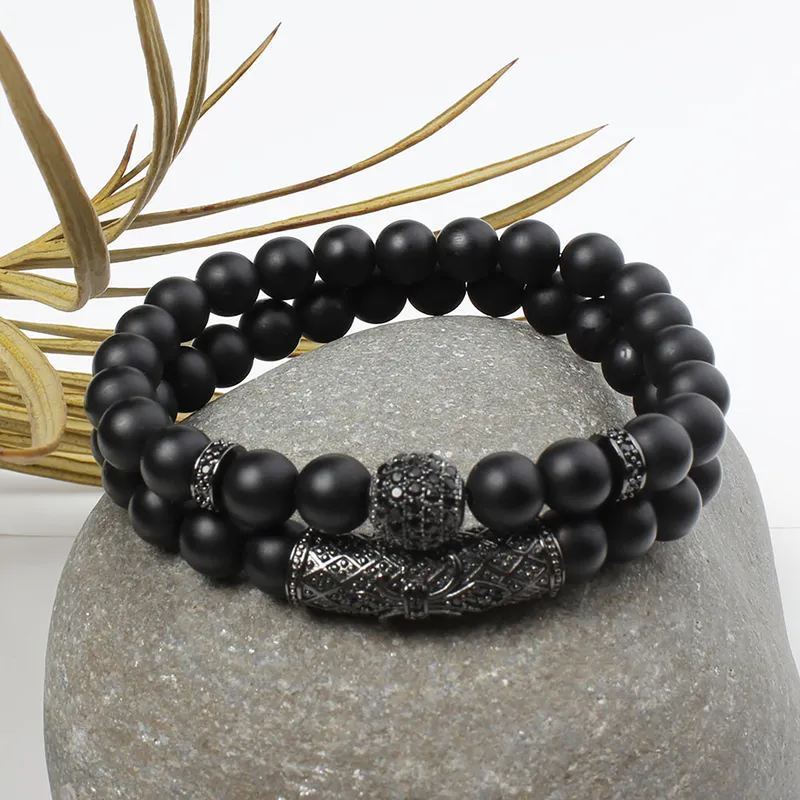 2 Piece 8mm Black Matte Beaded Stone Bracelet Set