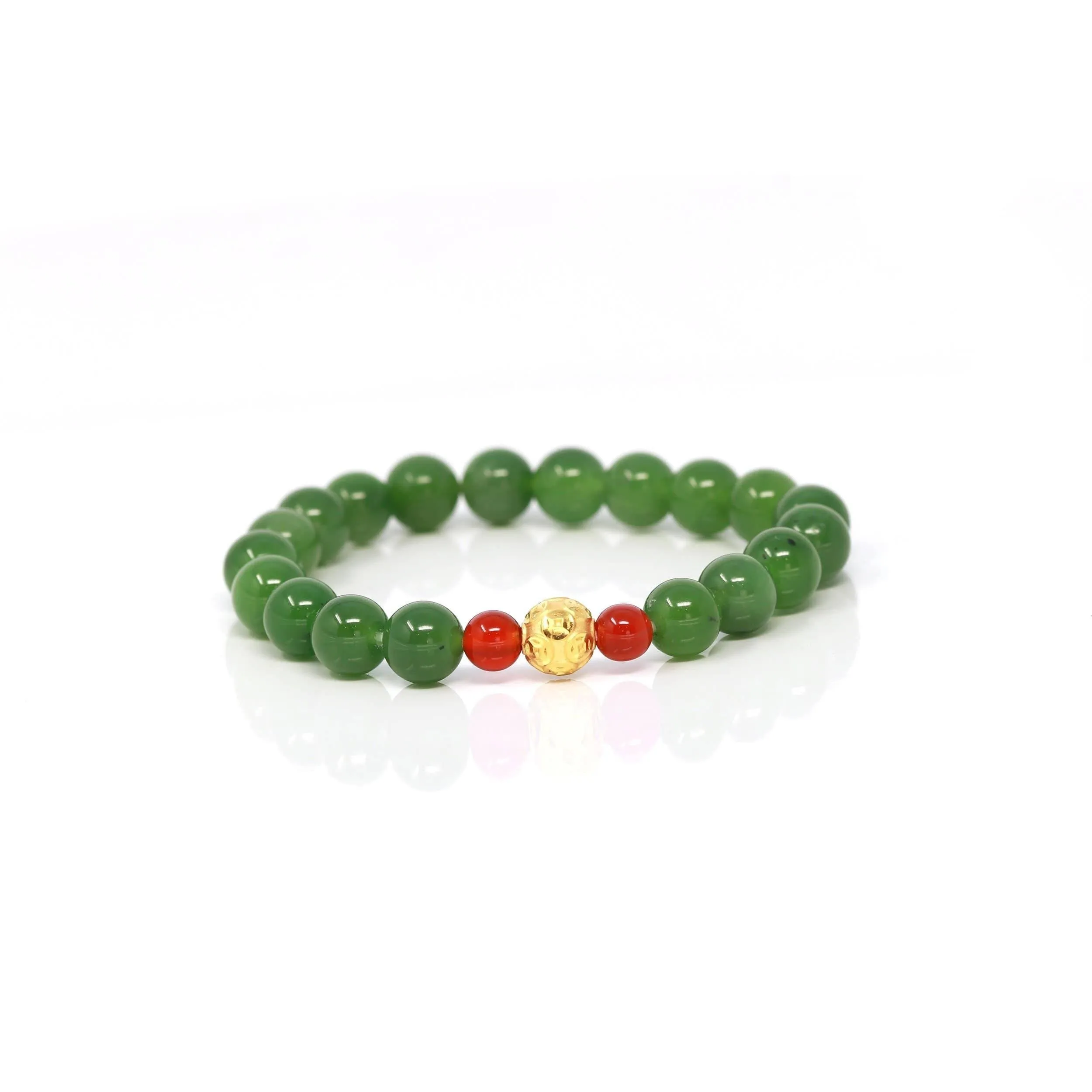 24K Pure Yellow Gold Money Beads With Genuine Green Jade Round Beads Bracelet Bangle ( 8 mm )