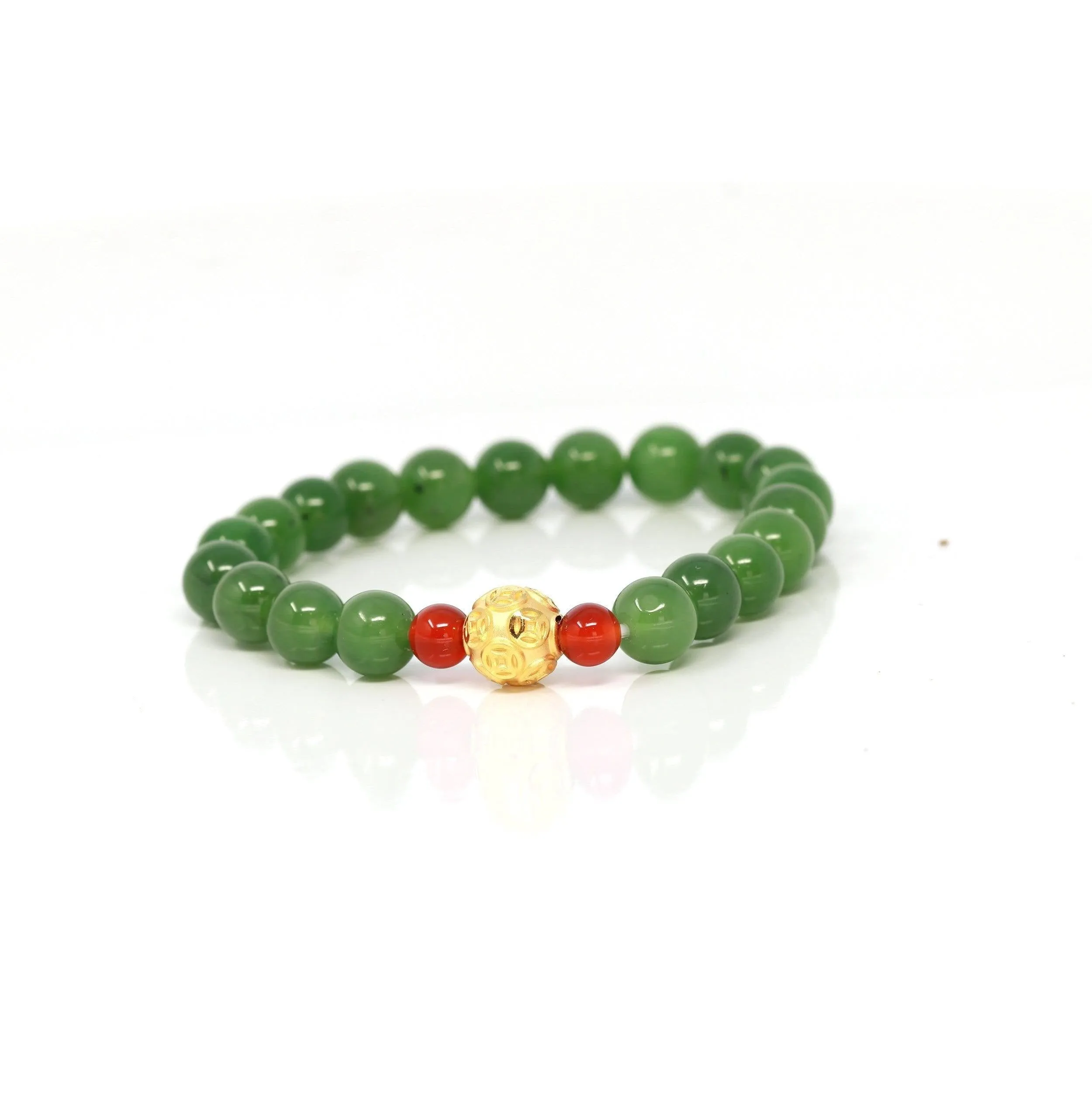 24K Pure Yellow Gold Money Beads With Genuine Green Jade Round Beads Bracelet Bangle ( 8 mm )