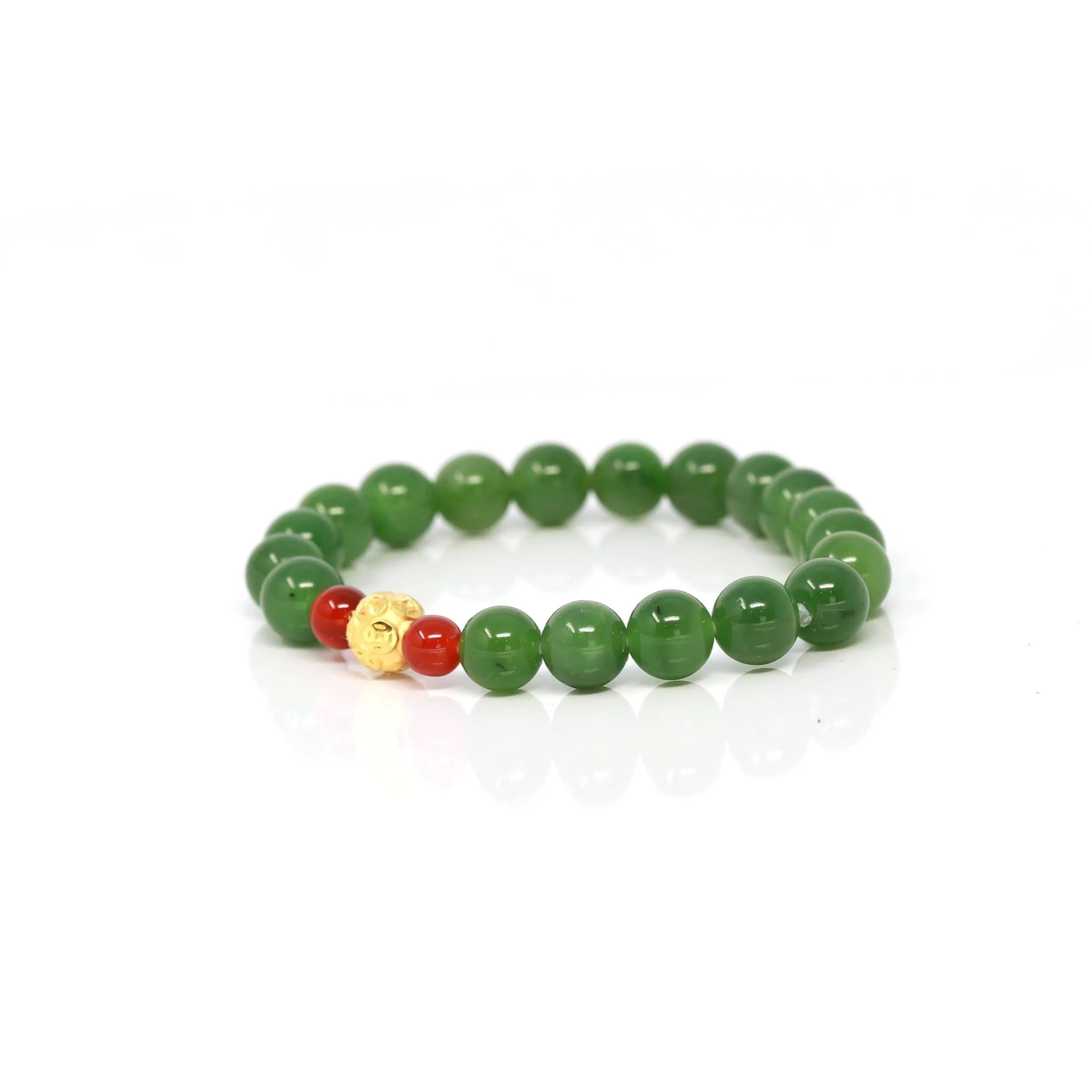 24K Pure Yellow Gold Money Beads With Genuine Green Jade Round Beads Bracelet Bangle ( 8 mm )