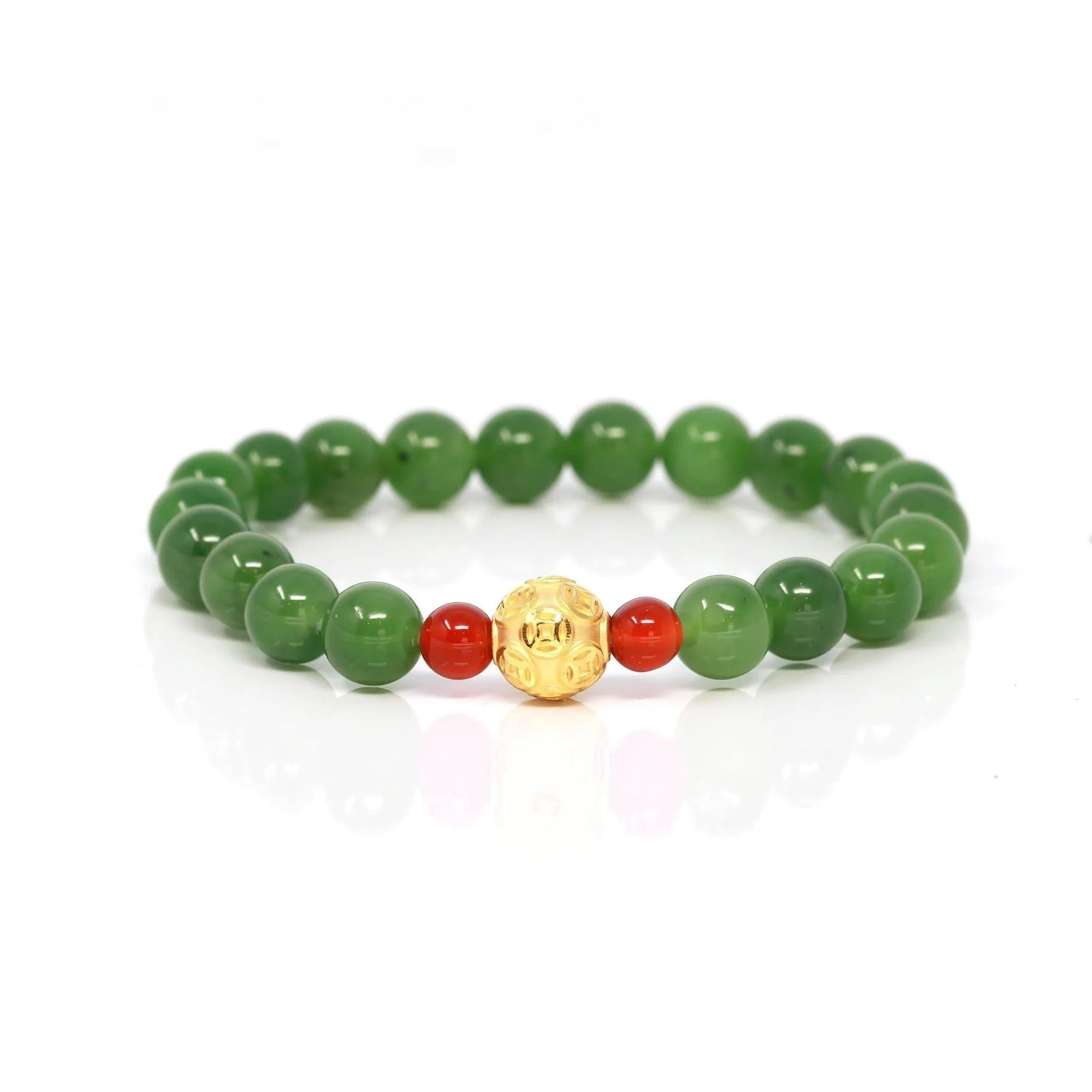 24K Pure Yellow Gold Money Beads With Genuine Green Jade Round Beads Bracelet Bangle ( 8 mm )