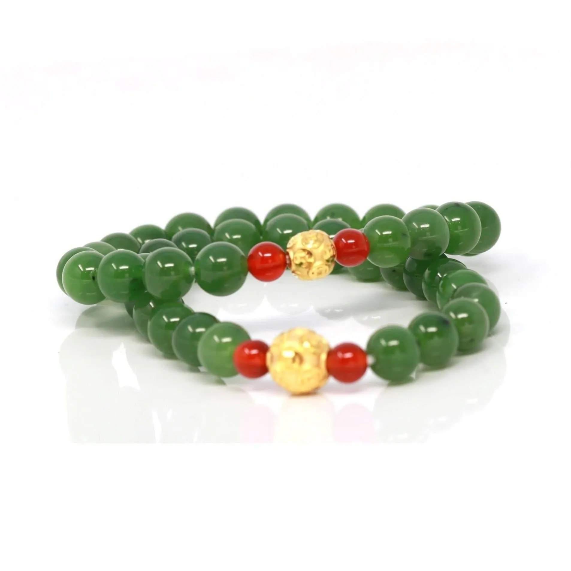 24K Pure Yellow Gold Money Beads With Genuine Green Jade Round Beads Bracelet Bangle ( 8 mm )