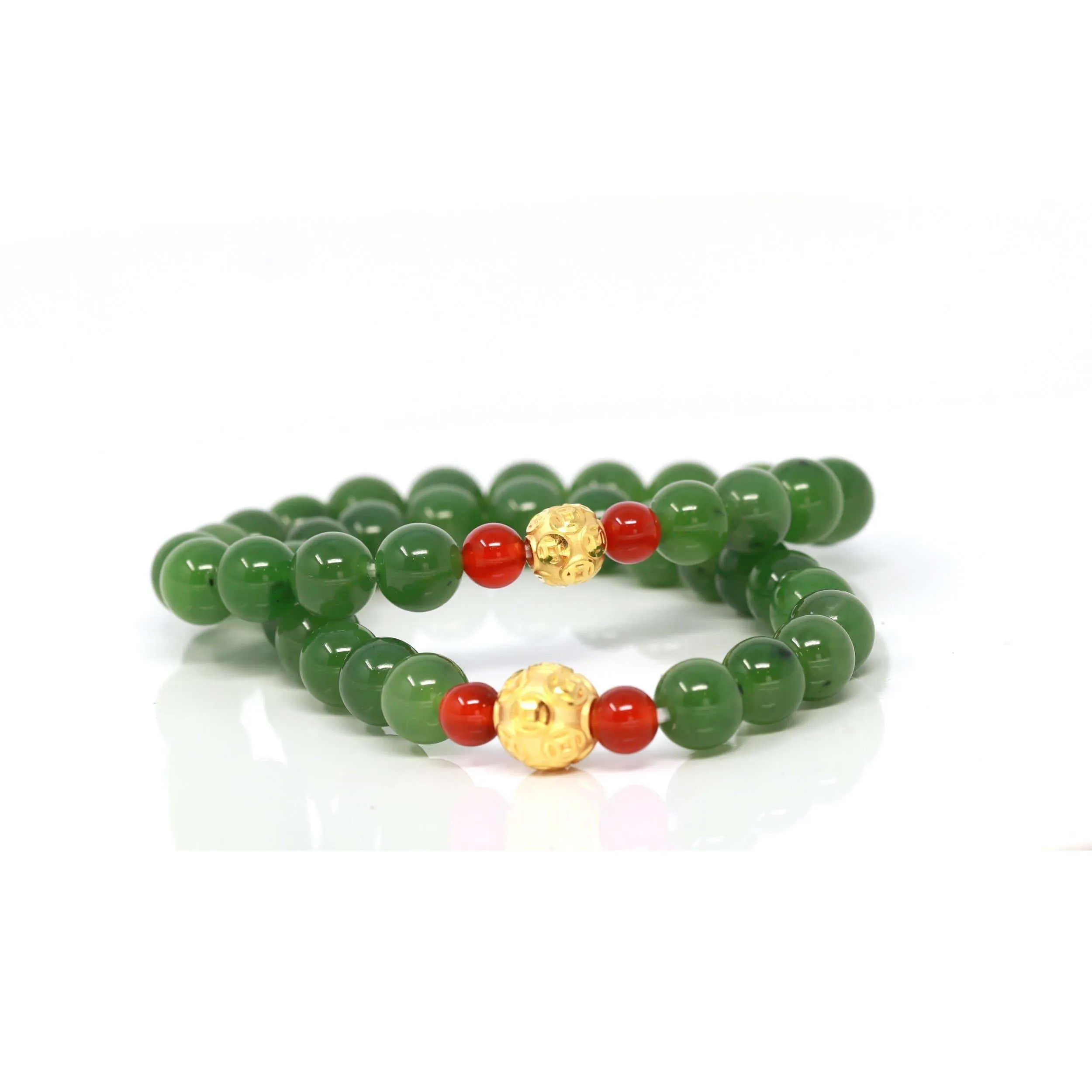 24K Pure Yellow Gold Money Beads With Genuine Green Jade Round Beads Bracelet Bangle ( 8 mm )