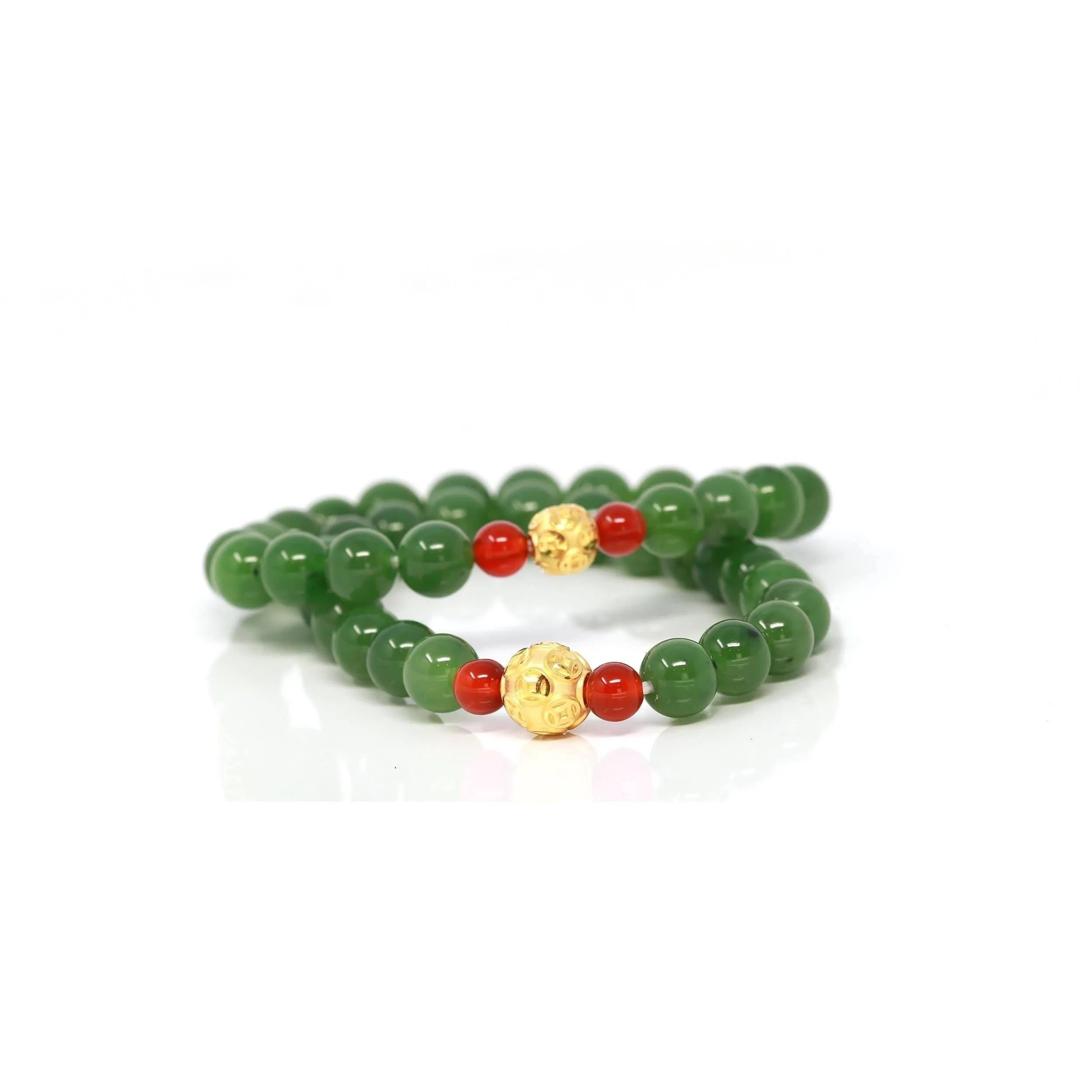 24K Pure Yellow Gold Money Beads With Genuine Green Jade Round Beads Bracelet Bangle ( 8 mm )