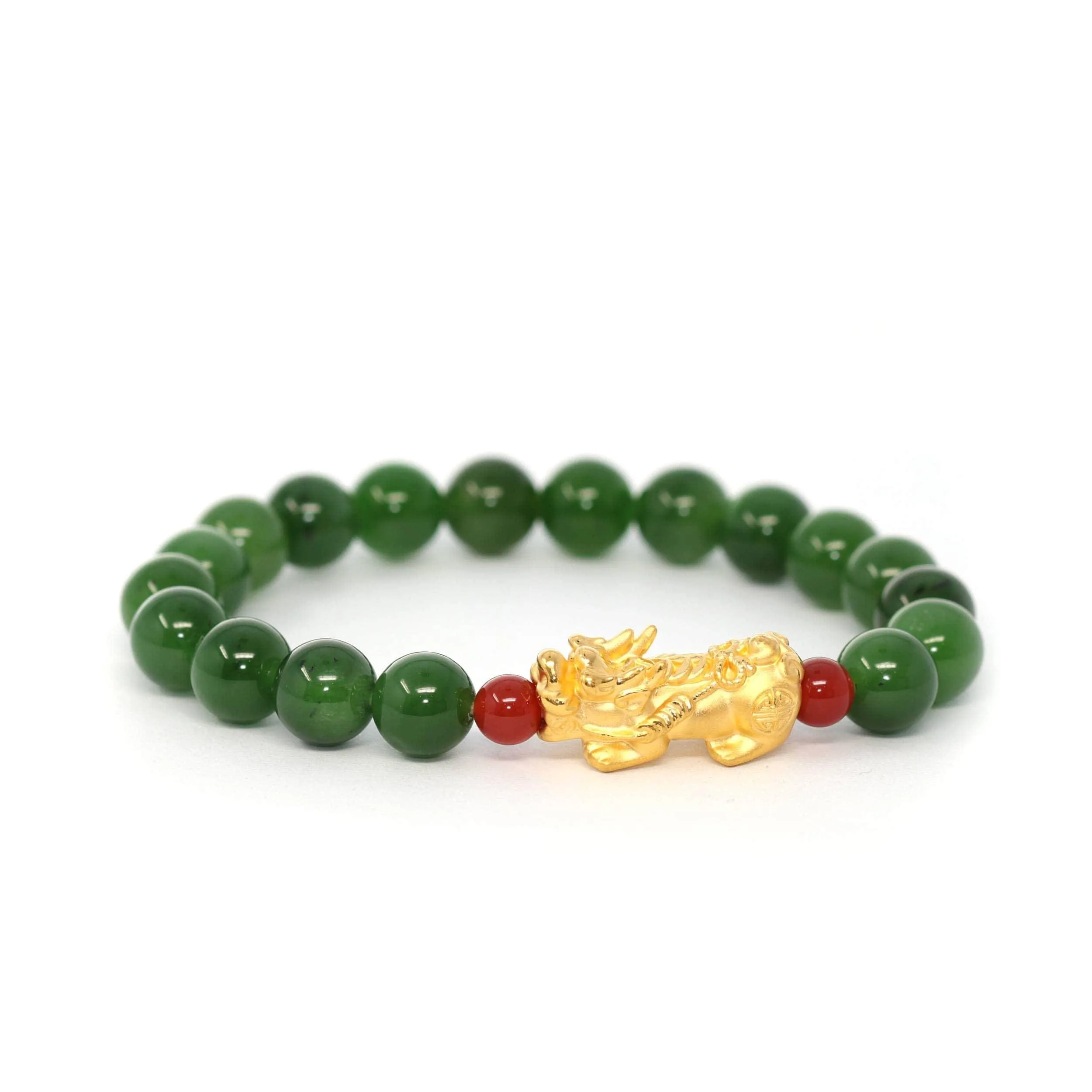 24K Pure Yellow Gold PiXiu With Genuine Green Jade Round Beads Bracelet Bangle ( 9.5 mm )