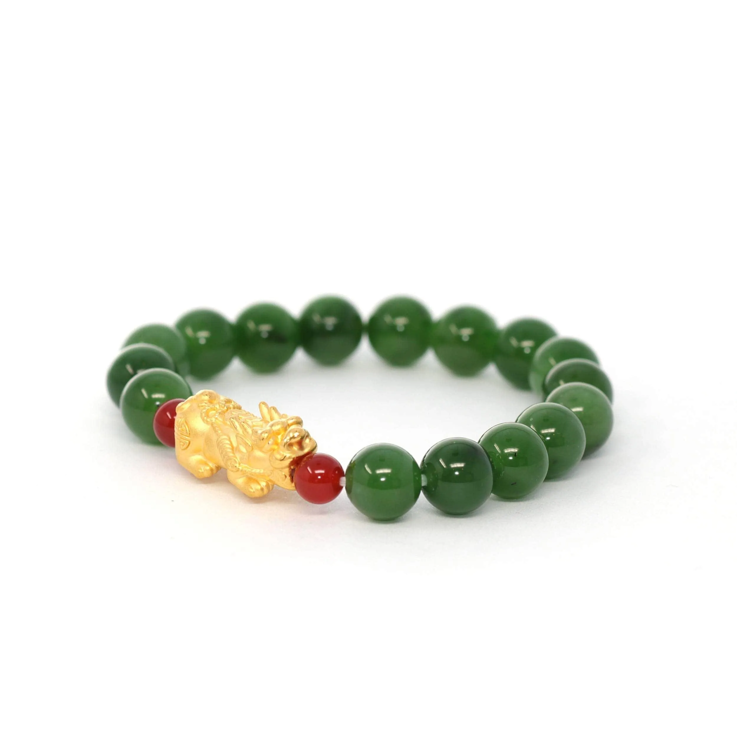 24K Pure Yellow Gold PiXiu With Genuine Green Jade Round Beads Bracelet Bangle ( 9.5 mm )