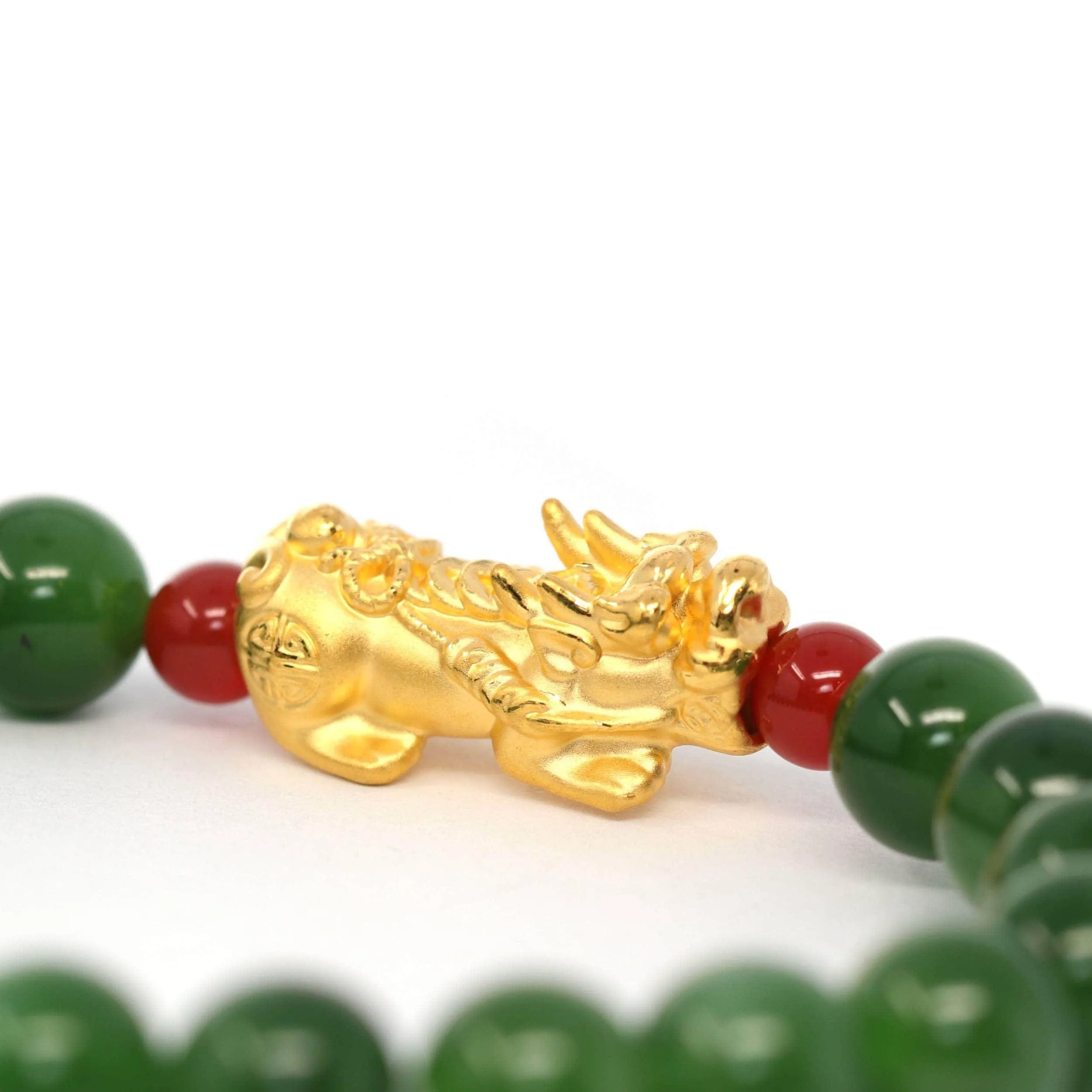 24K Pure Yellow Gold PiXiu With Genuine Green Jade Round Beads Bracelet Bangle ( 9.5 mm )