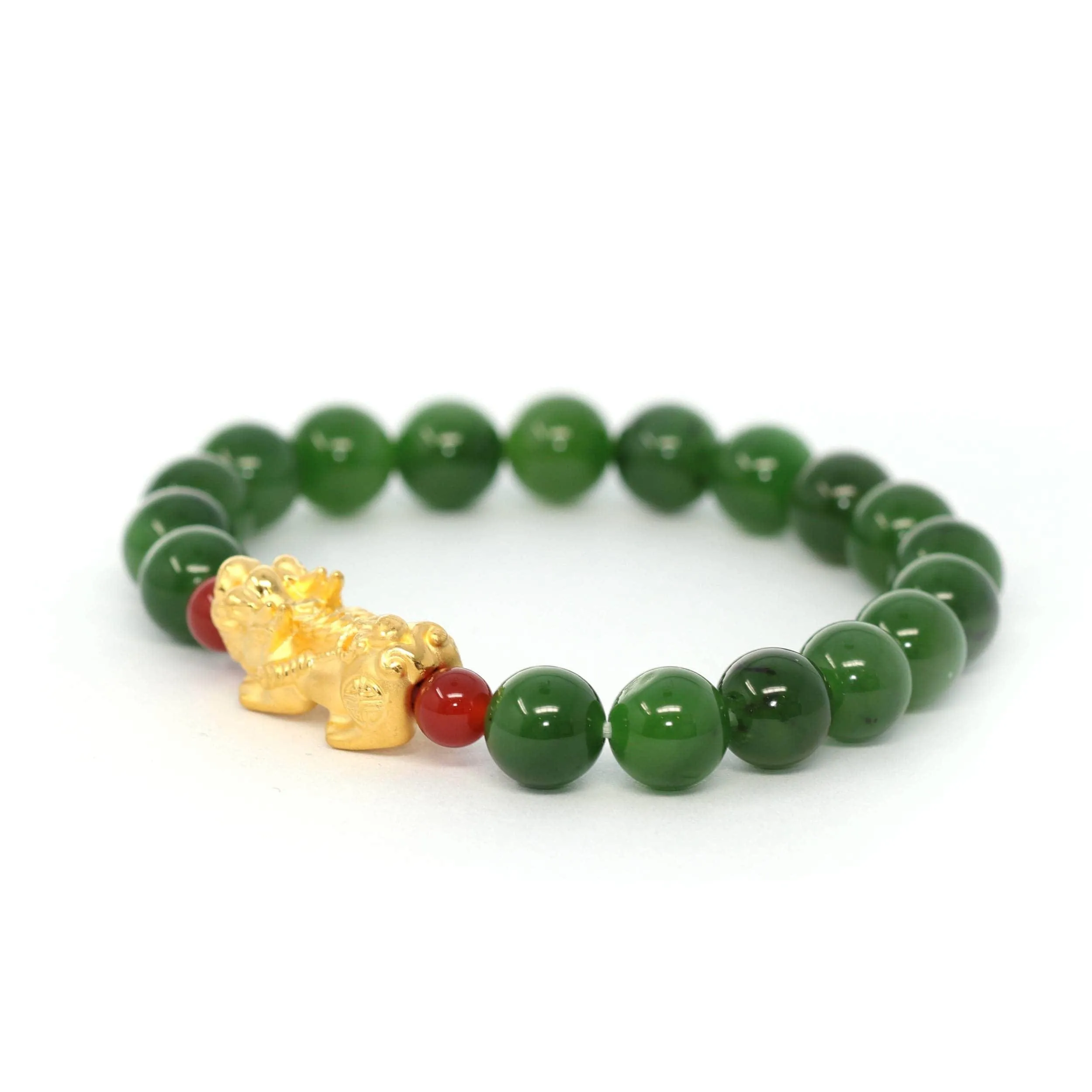 24K Pure Yellow Gold PiXiu With Genuine Green Jade Round Beads Bracelet Bangle ( 9.5 mm )