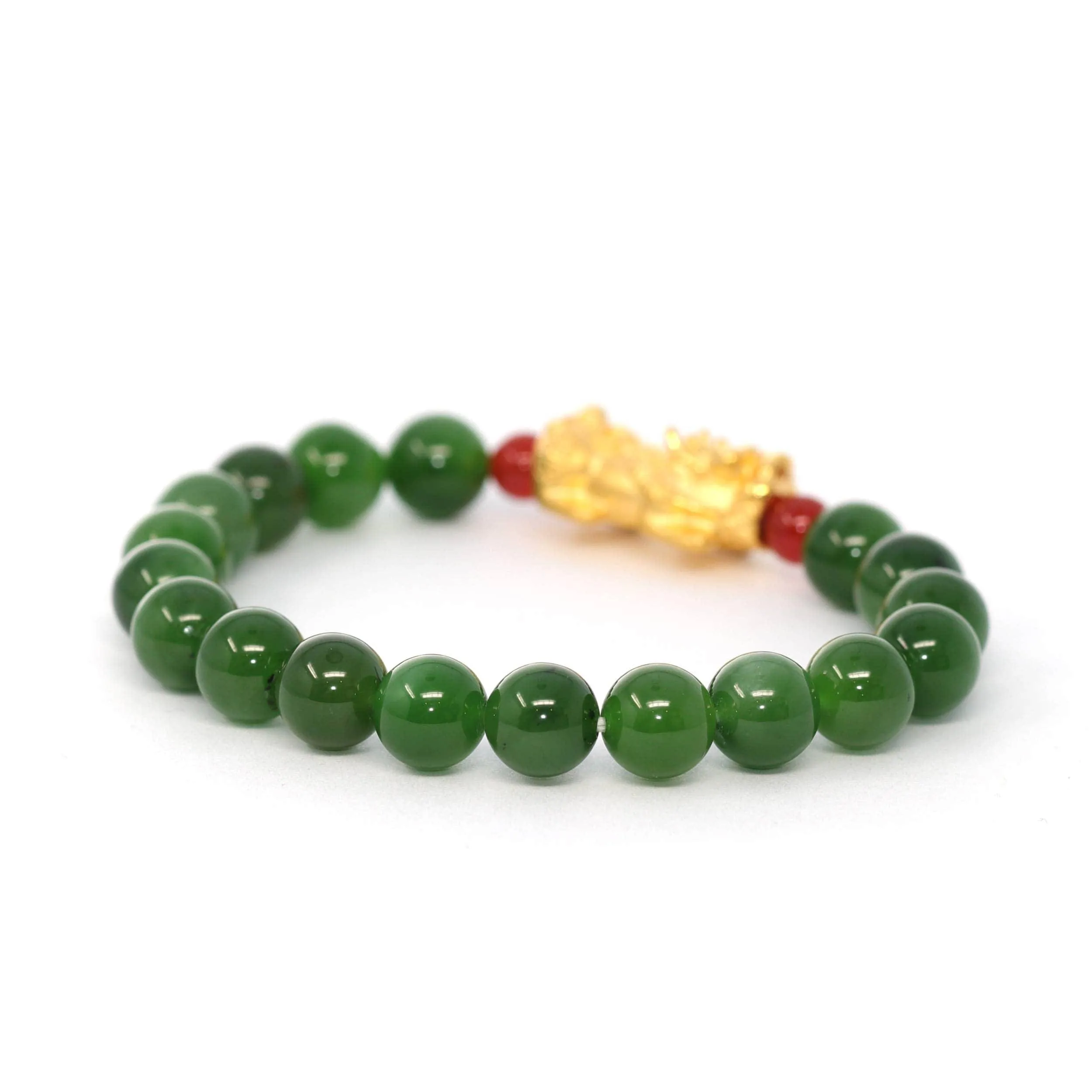 24K Pure Yellow Gold PiXiu With Genuine Green Jade Round Beads Bracelet Bangle ( 9.5 mm )