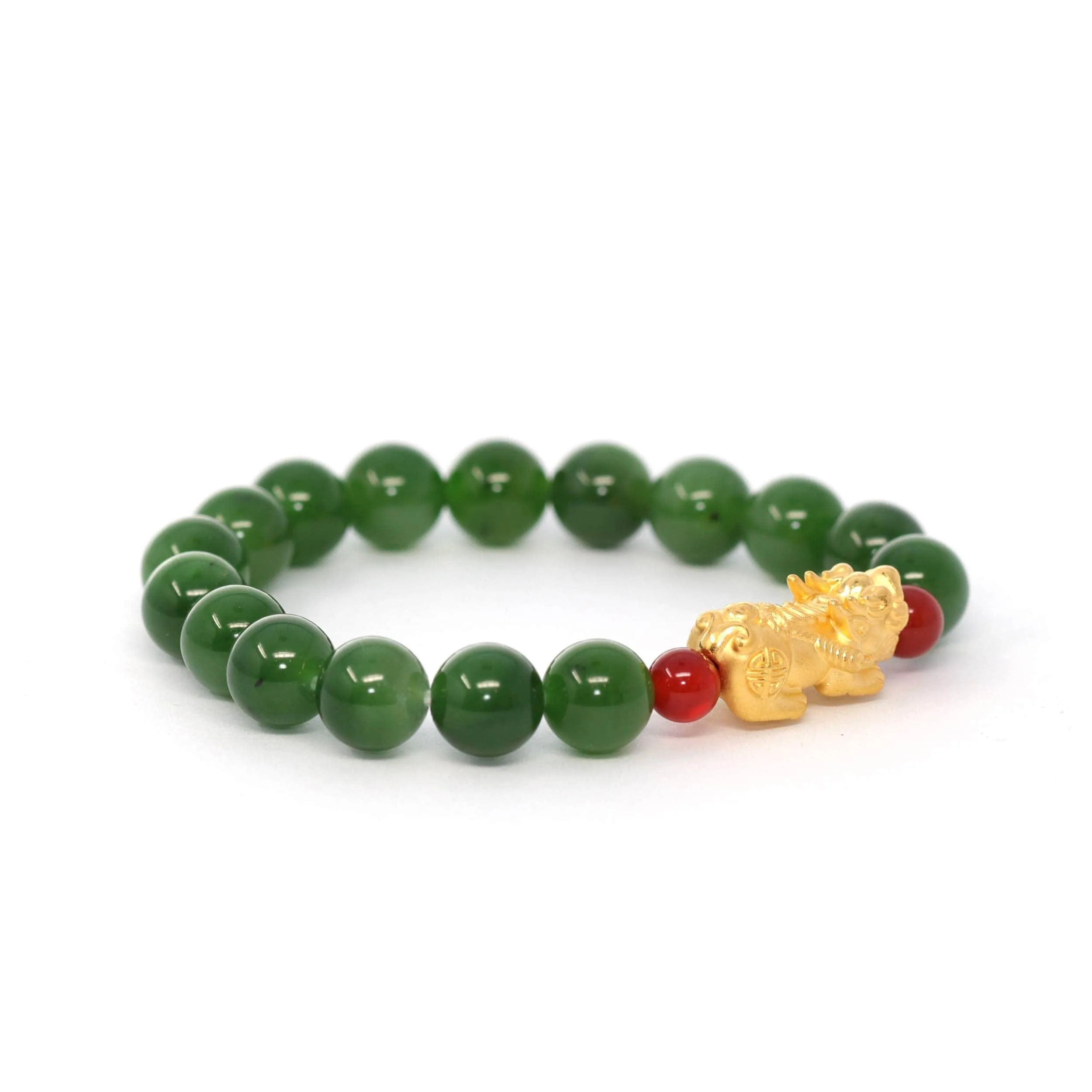 24K Pure Yellow Gold PiXiu With Genuine Green Jade Round Beads Bracelet Bangle ( 9.5 mm )