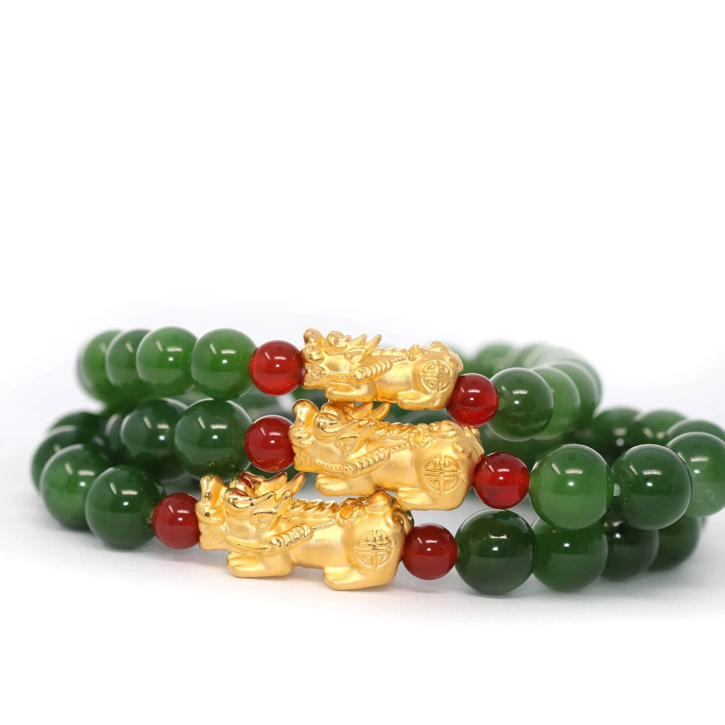 24K Pure Yellow Gold PiXiu With Genuine Green Jade Round Beads Bracelet Bangle ( 9.5 mm )