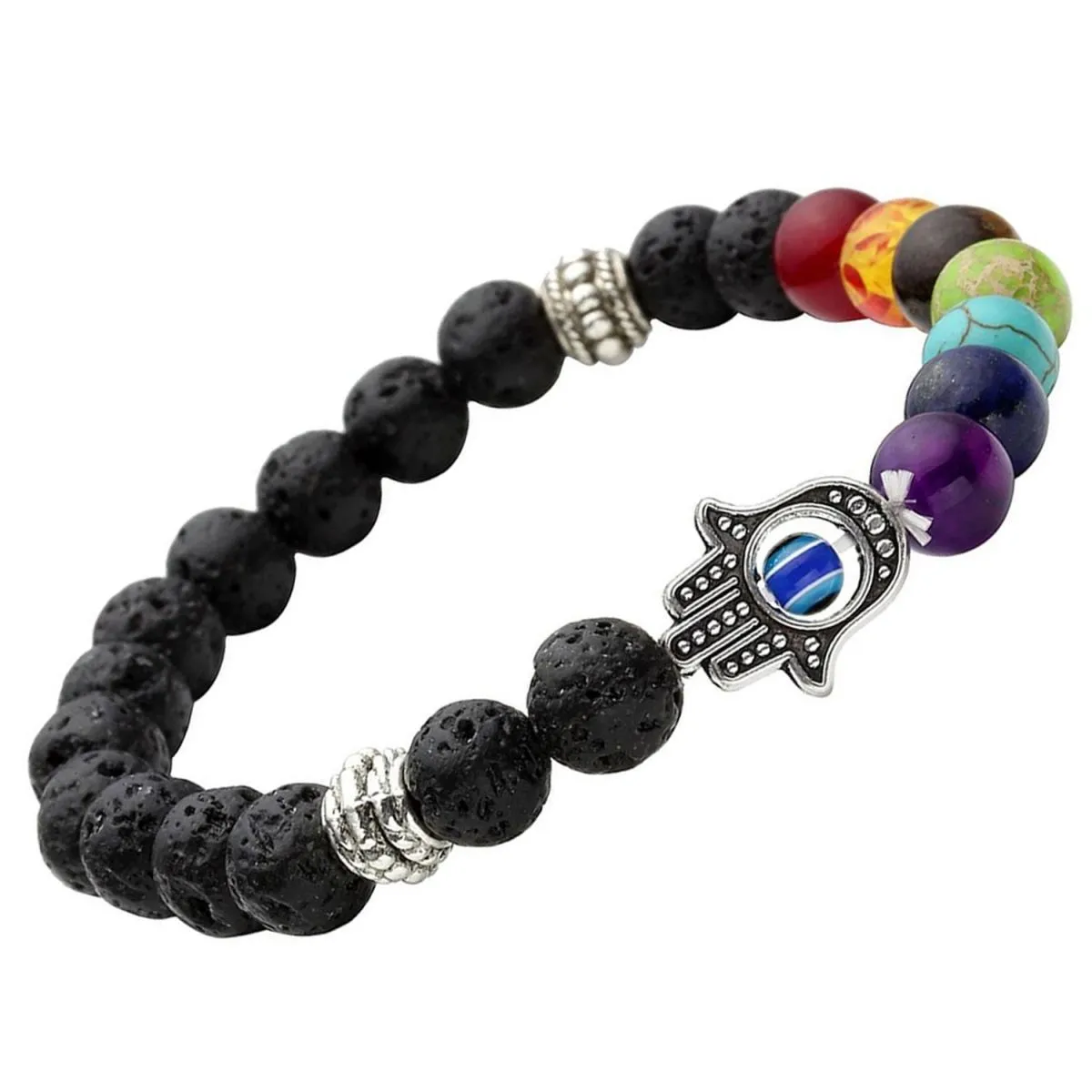 7 Chakra Reiki Hamsa Evil Eye Onyx Lava Beads Black Distance Bracelet