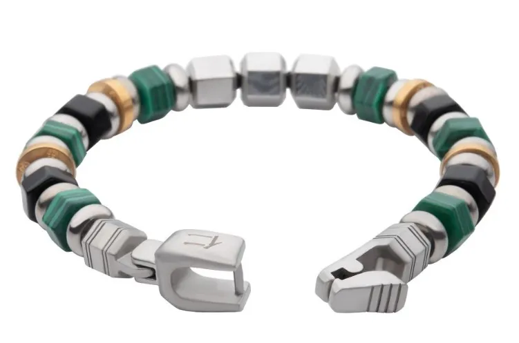 7.75'' St. St. Mokume Gane, Malachite & Onyx Bead Bracelet  JIN: Compassion