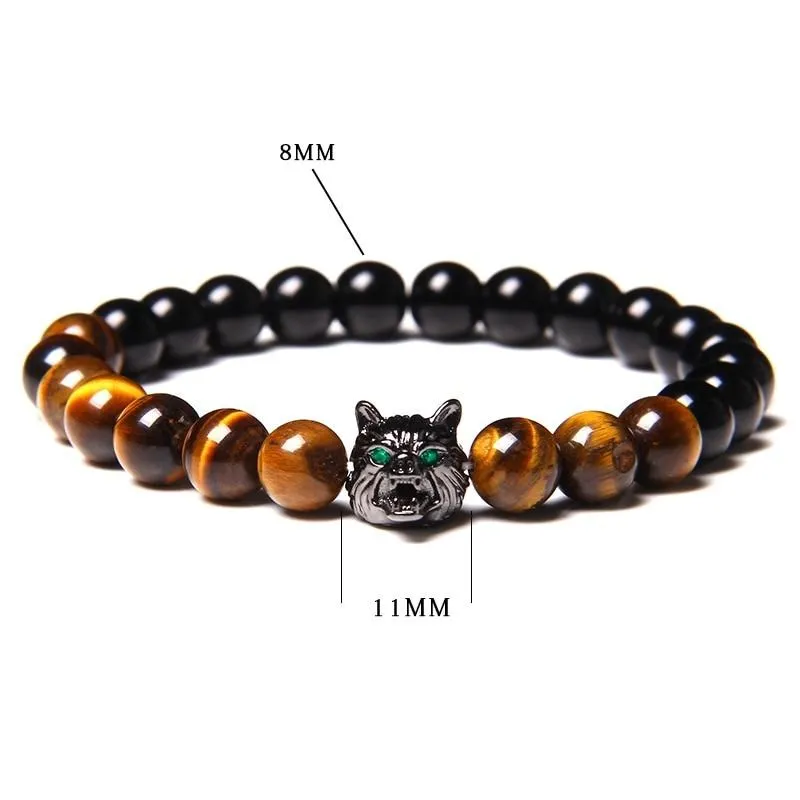 8mm Natural Tiger-Eye Black Onyx Bead Wolf Bracelet