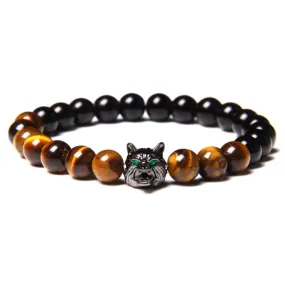 8mm Natural Tiger-Eye Black Onyx Bead Wolf Bracelet