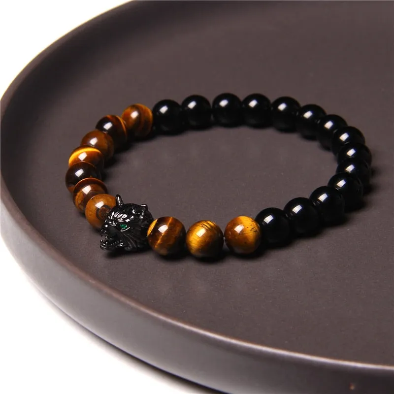 8mm Natural Tiger-Eye Black Onyx Bead Wolf Bracelet