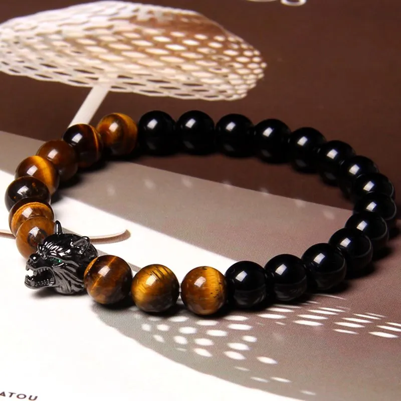 8mm Natural Tiger-Eye Black Onyx Bead Wolf Bracelet