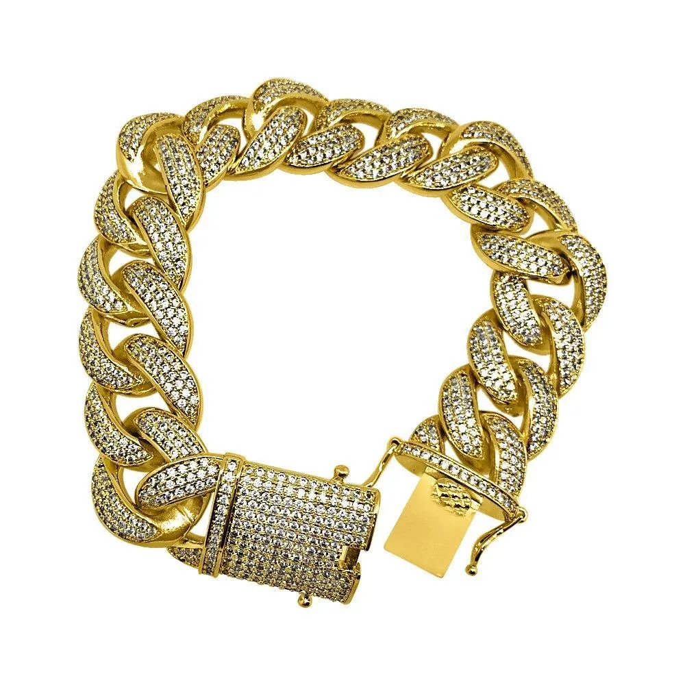 .925 Silver 19MM Gold Miami Cuban Ice Lock Bling Bracelet CZ