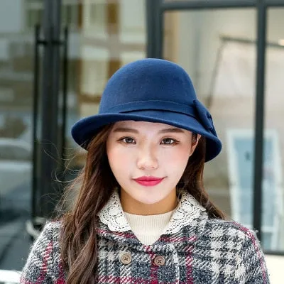 Aidase Beckyruiwu Women Winter 100% Wool Felt Hats Lady Party Formal Up-turn Brim Bowknot Woolen Fedora Hat