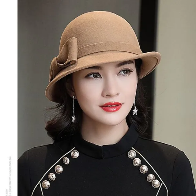 Aidase Beckyruiwu Women Winter 100% Wool Felt Hats Lady Party Formal Up-turn Brim Bowknot Woolen Fedora Hat