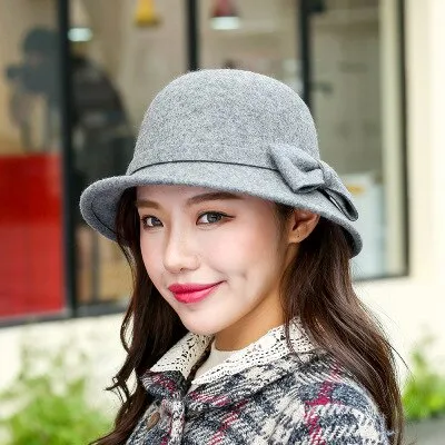 Aidase Beckyruiwu Women Winter 100% Wool Felt Hats Lady Party Formal Up-turn Brim Bowknot Woolen Fedora Hat