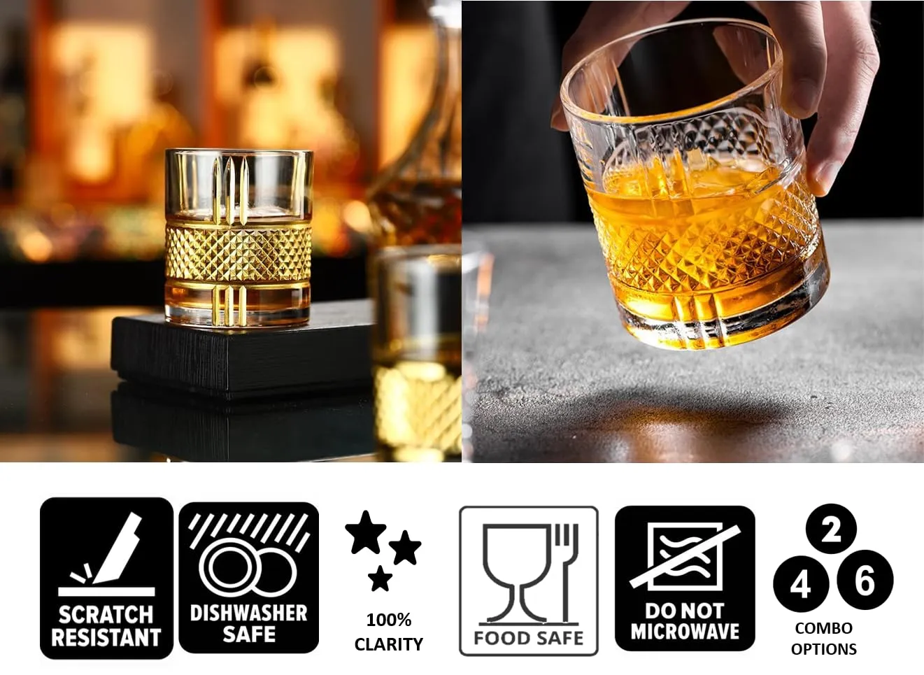 Alt Co Whiskey Glasses, 330 ML Bar Glass for Drinking Whisky, Scotch, Cocktails, Cognac - Heavy Base, Modern Design, Old Fashioned Cocktail Tumblers, Premium Barware (Design 2, Pack of 6)