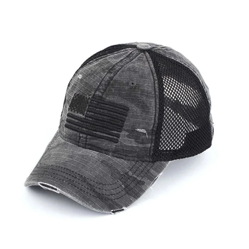 American Flag Camo Distressed Mesh Back Baseball Hat