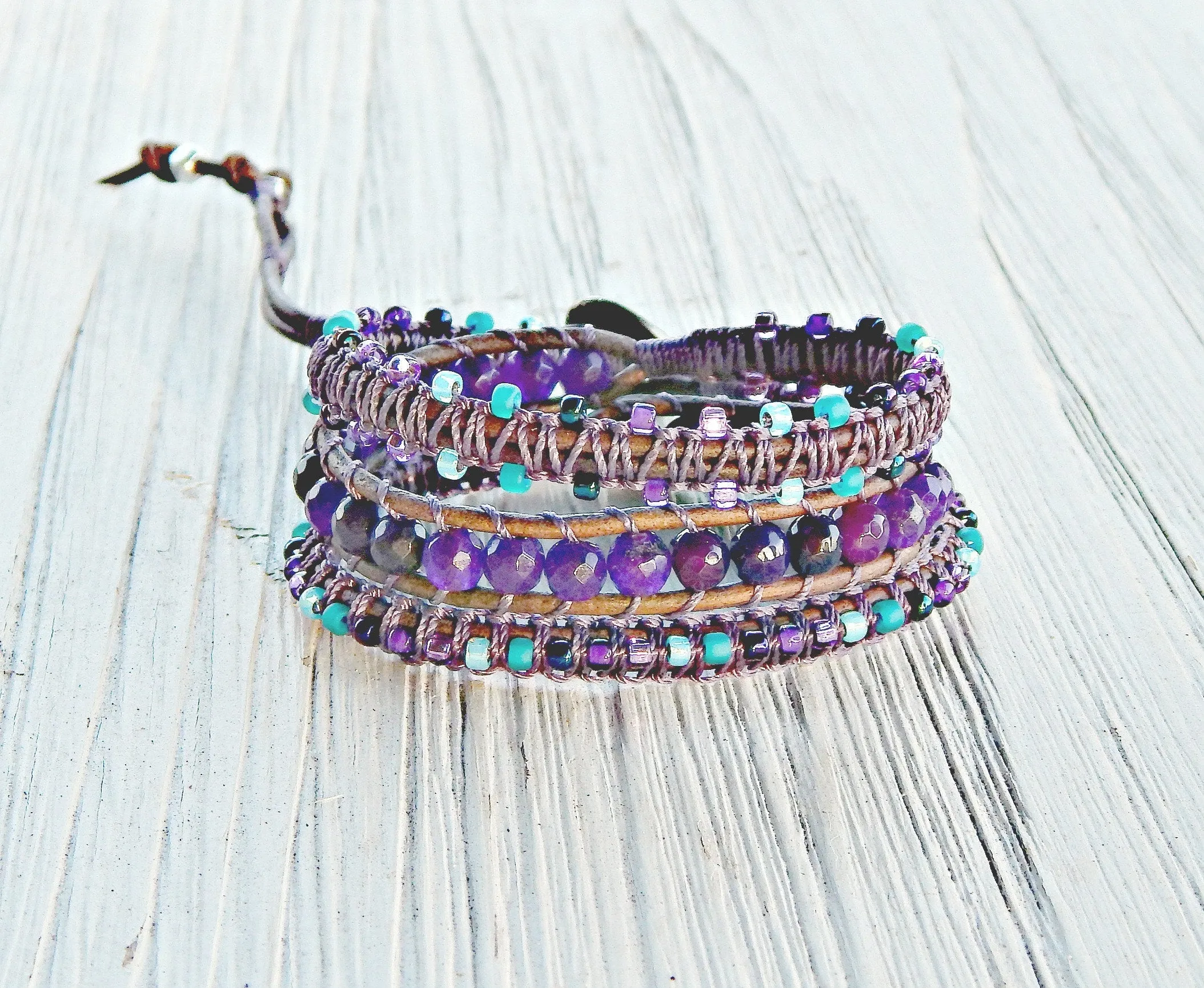 Amethyst Night Sky and Macrame Boho 3x Leather wrap bracelet