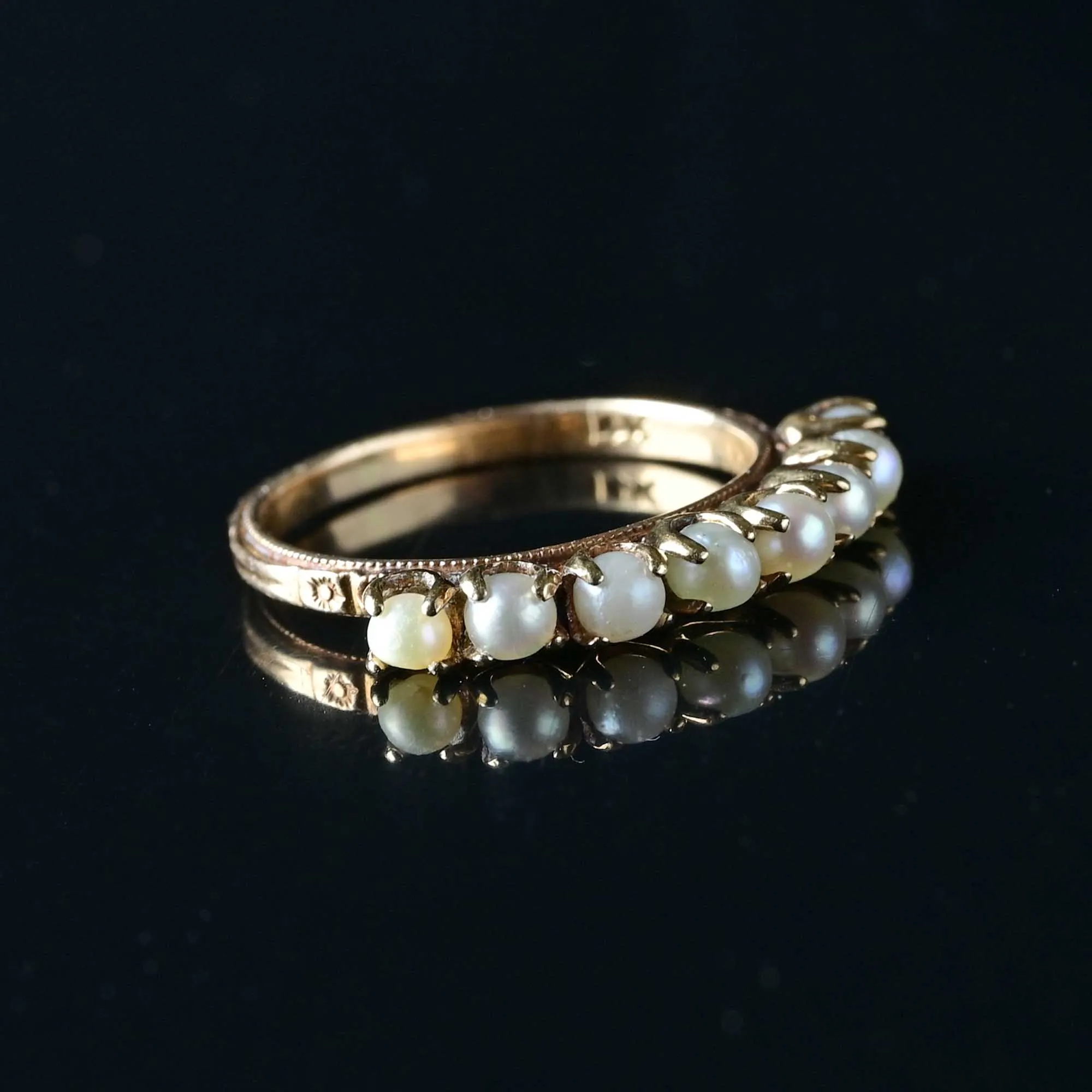 Antique 14K Gold Pearl Half Hoop Ring w Floral Detail