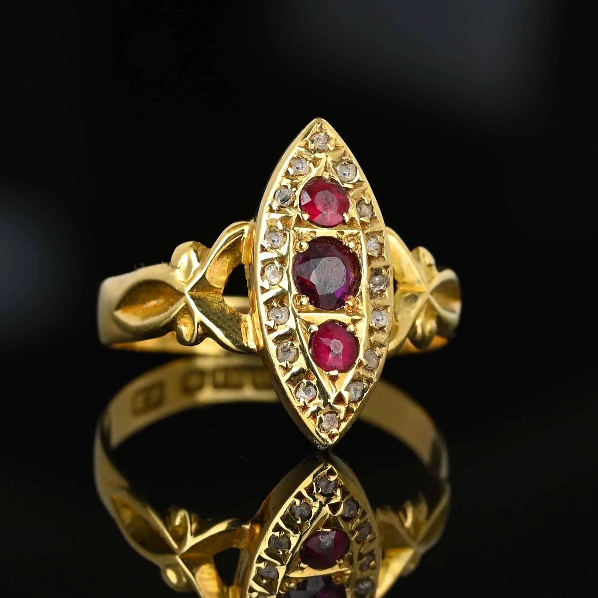 Antique 18K Gold Navette Rose Cut Diamond Garnet Ring