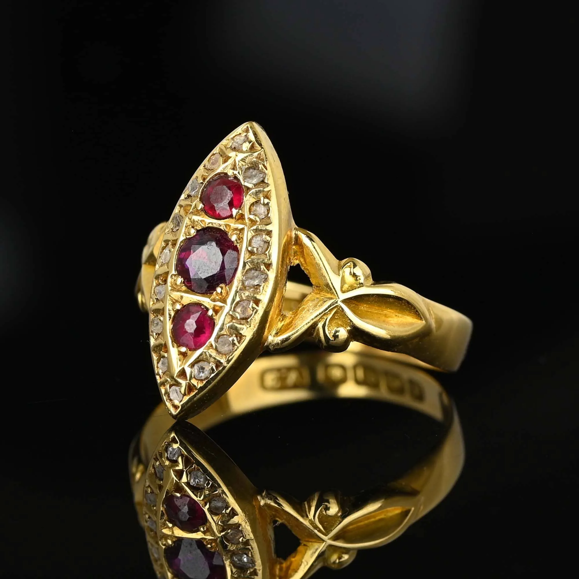 Antique 18K Gold Navette Rose Cut Diamond Garnet Ring