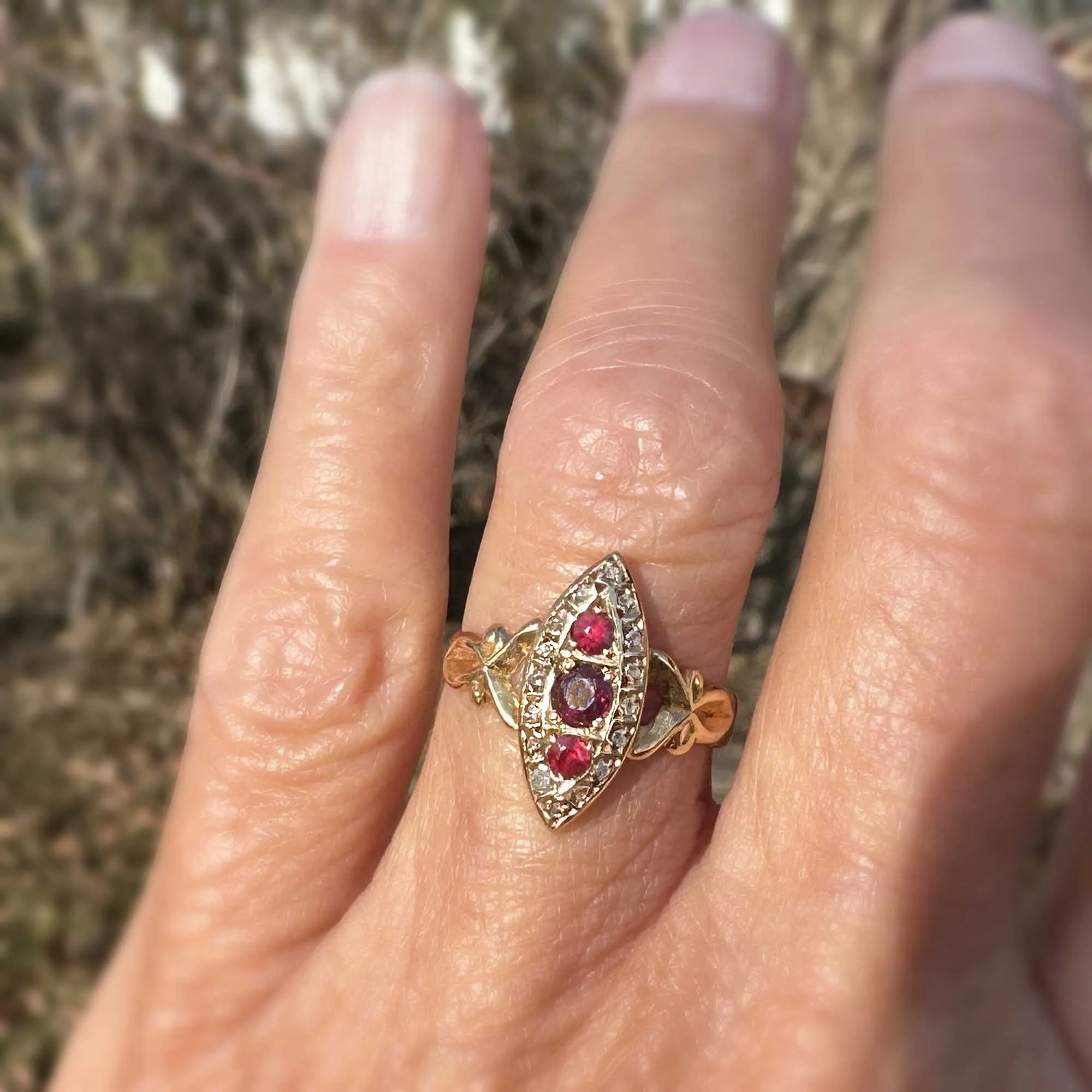 Antique 18K Gold Navette Rose Cut Diamond Garnet Ring