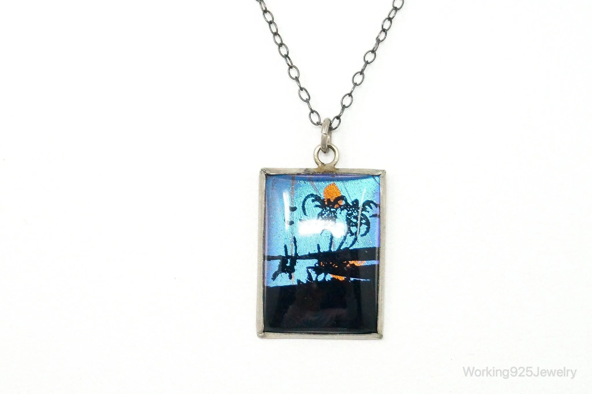 Antique Butterfly Wing Beach Scene Sterling Silver Necklace