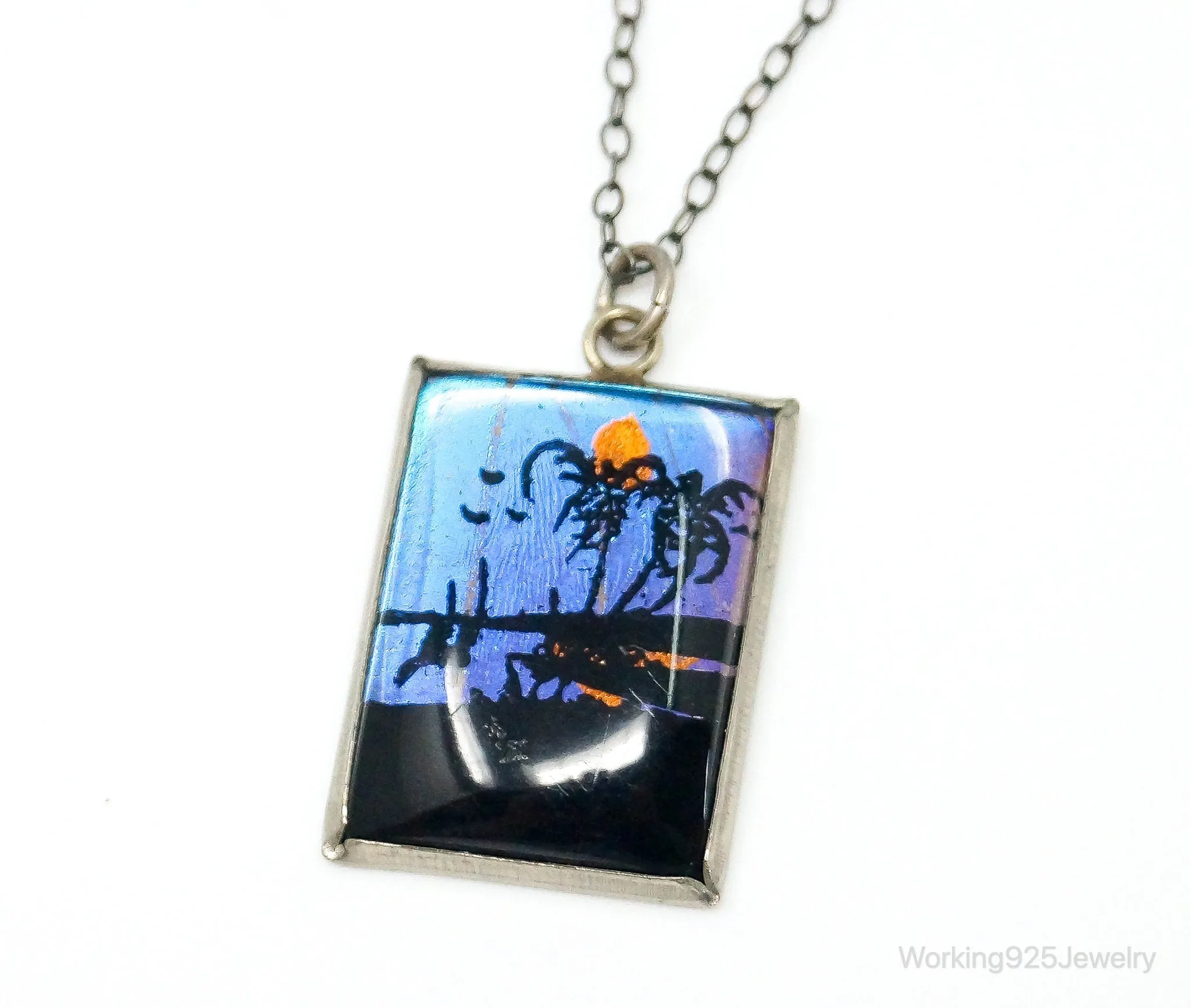 Antique Butterfly Wing Beach Scene Sterling Silver Necklace