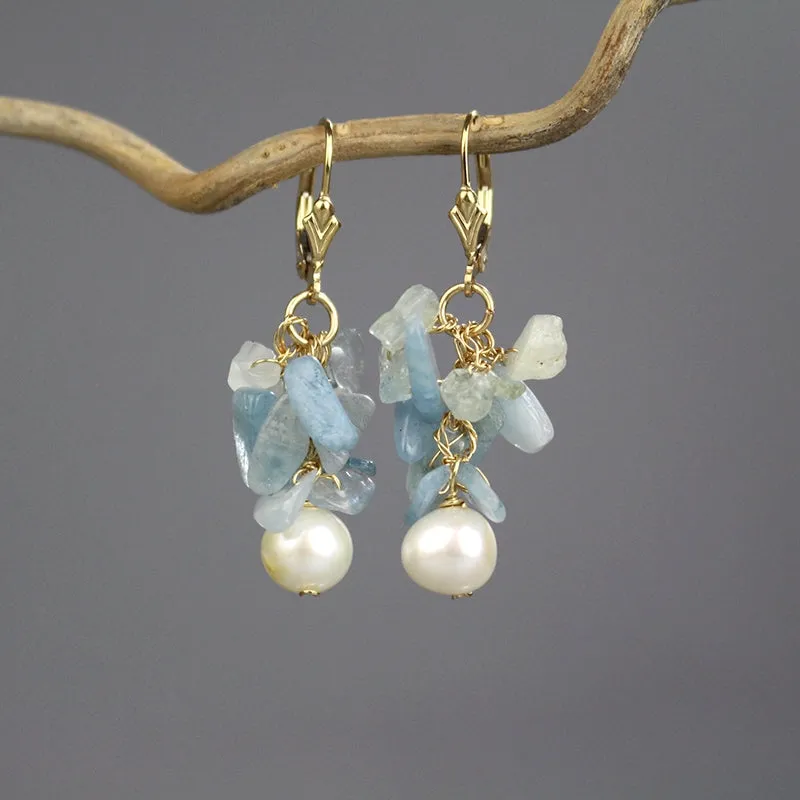 Aquamarine Pearl Cluster Earrings