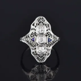 Art Deco 14K White Gold Sapphire Diamond Shield Ring