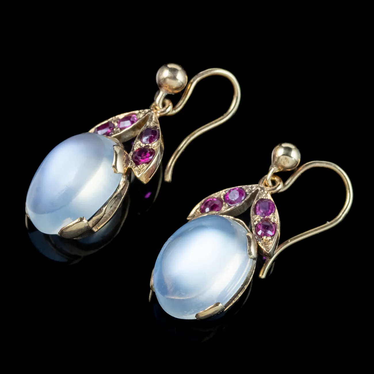 Art Deco Moonstone Ruby Drop Earrings 3.5ct Moonstones