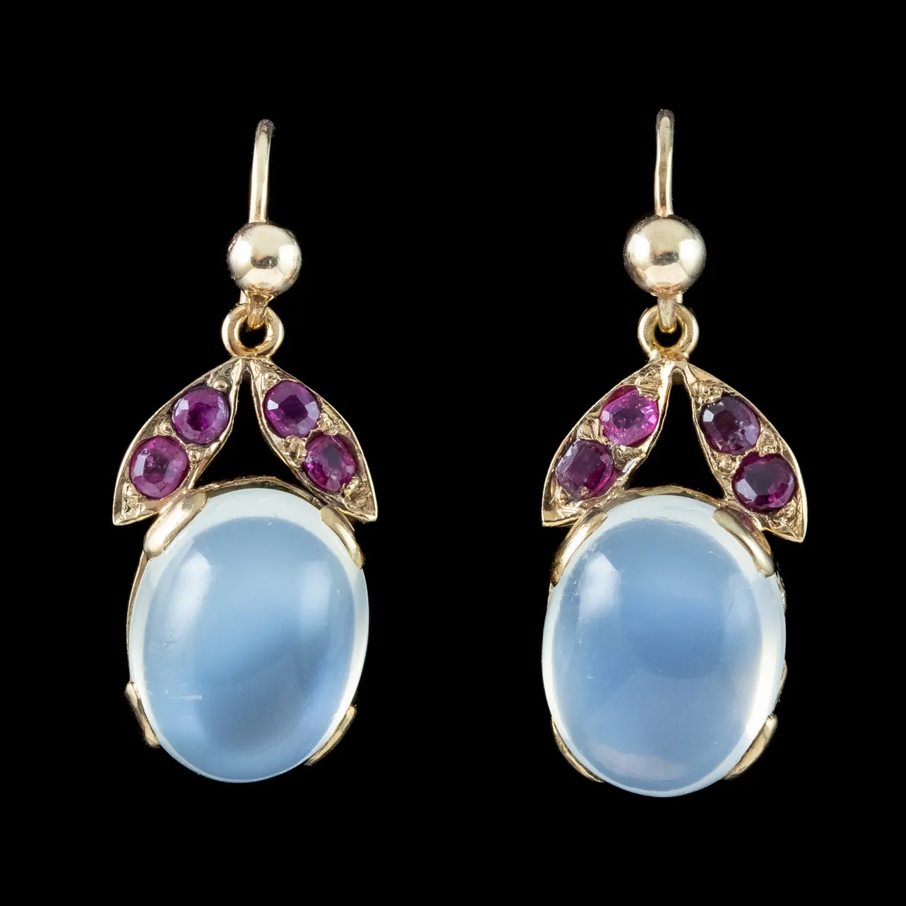 Art Deco Moonstone Ruby Drop Earrings 3.5ct Moonstones