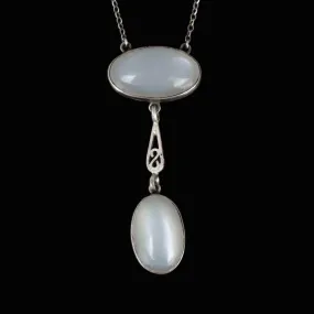 Art Deco Silver Moonstone Cabochon Pendant Necklace