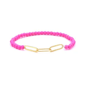 Ashley Gold Stainless Steel Gold Plated Pink Enamel Link Chain Stretch Beaded Bracelet