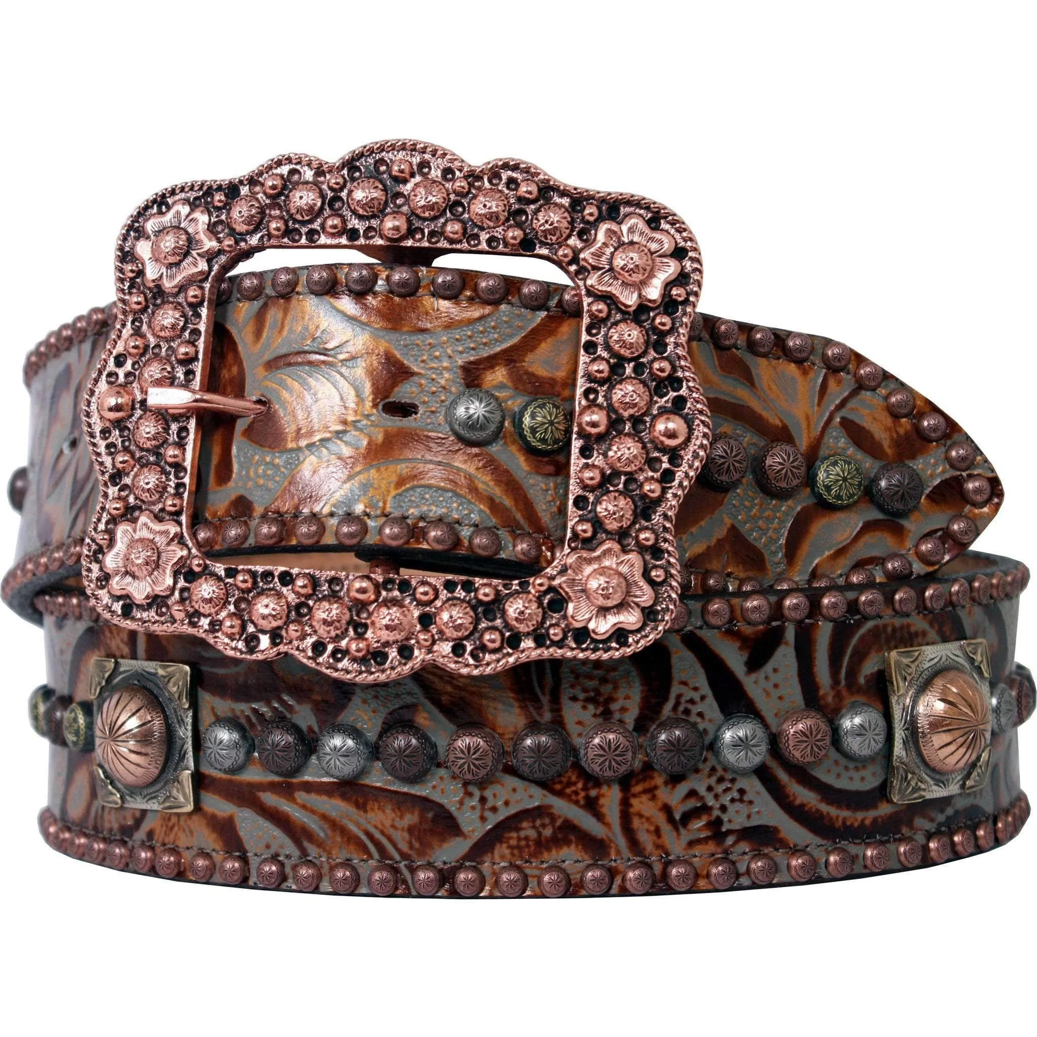 B709 -Eagle Grey/Copper Floral Design Studded Belt