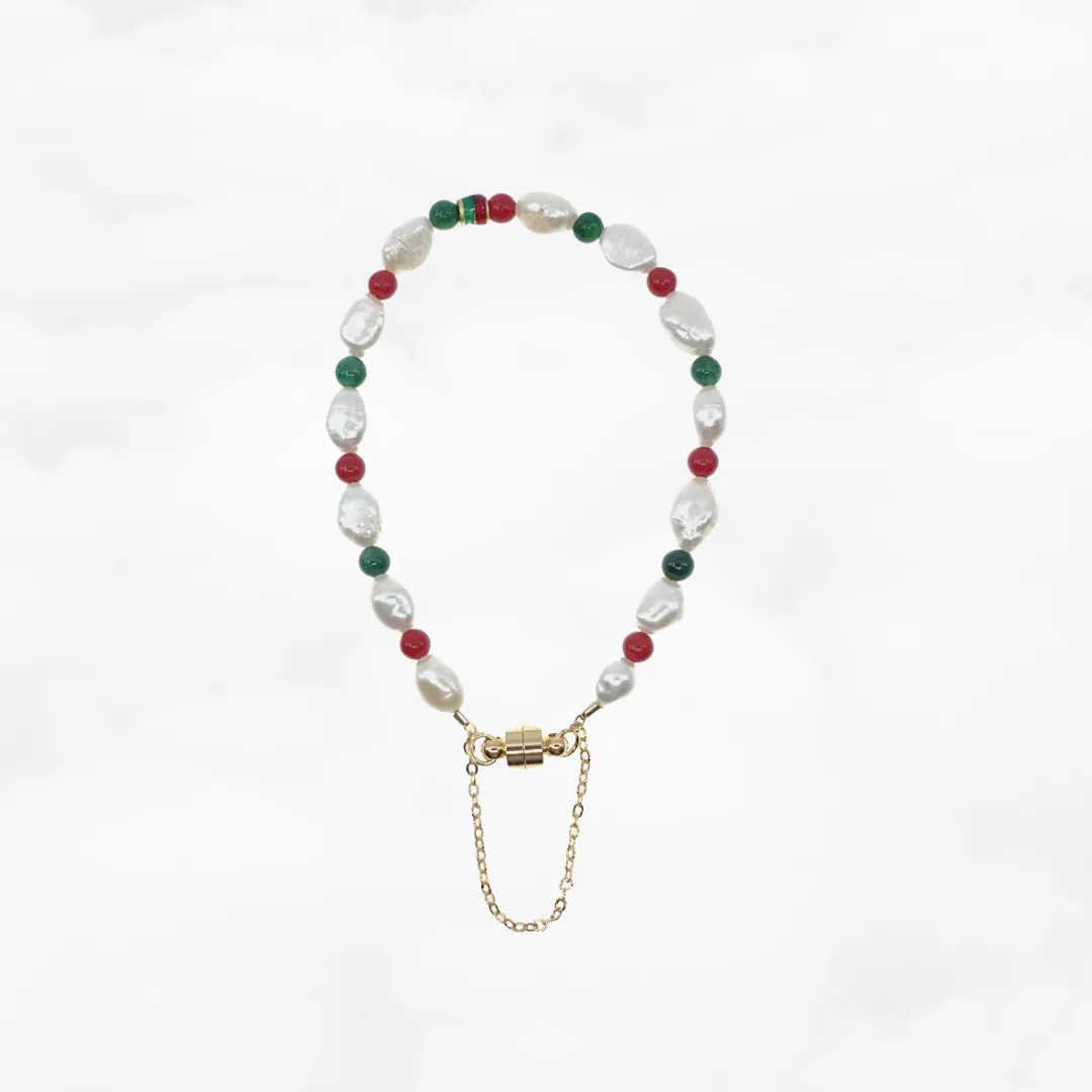 Baroque Pearl Necklace and Bracelet Set (Red and Green)