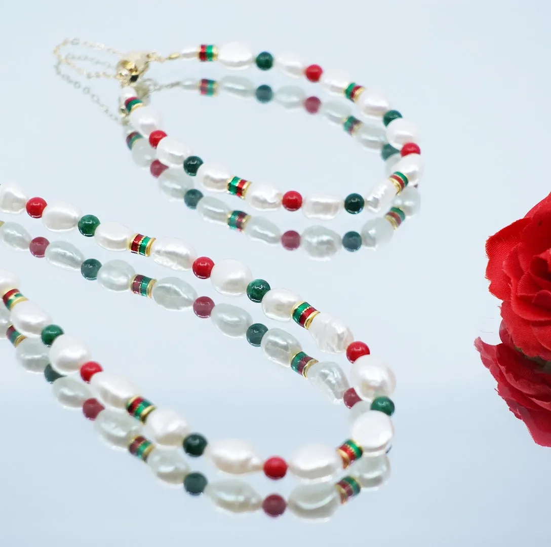 Baroque Pearl Necklace and Bracelet Set (Red and Green)