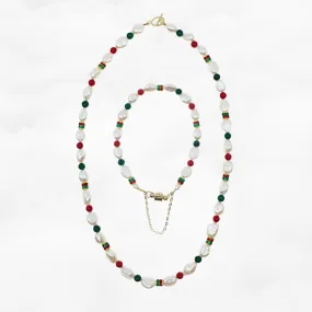 Baroque Pearl Necklace and Bracelet Set (Red and Green)