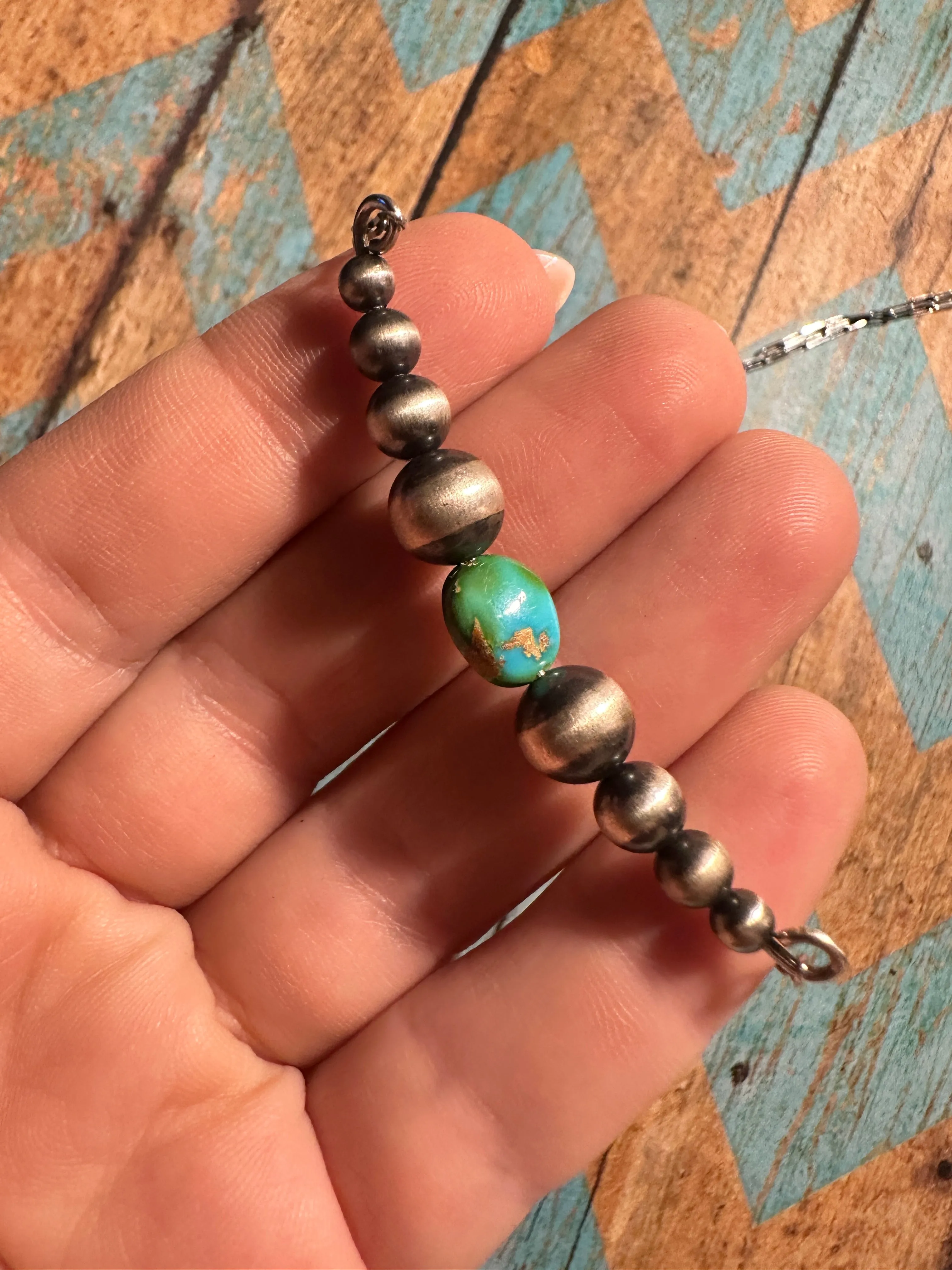 Beautiful Handmade Sterling Silver & Sonoran Mountain Turquoise Navajo Pearl Style Beaded Necklace