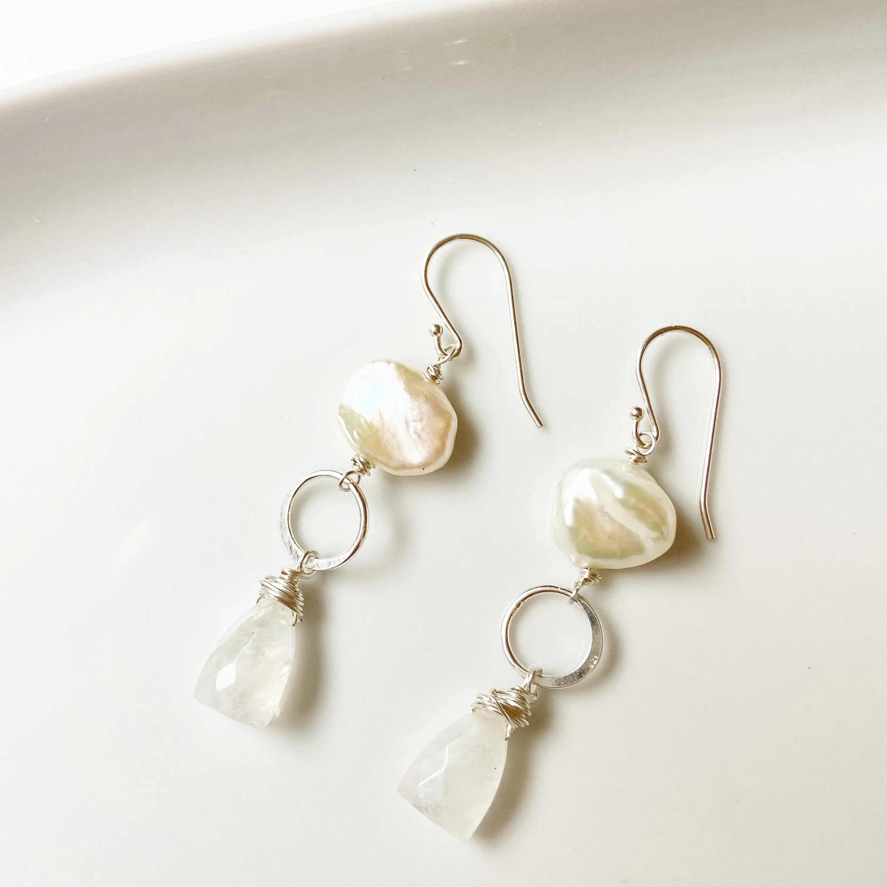 Beginnings- Pearl and Moonstone Dangle Earring in Gold or Silver